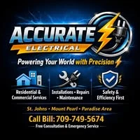 Accurate Electrical logo: lightning bolt and plug, residential and commercial services, installations, repairs and maintenance, safety and efficiency first